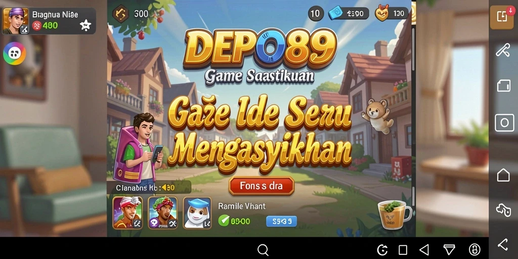 Screenshot gameplay DEPO89 menampilkan karakter yang berkembang dan sumber daya yang terkumpul.