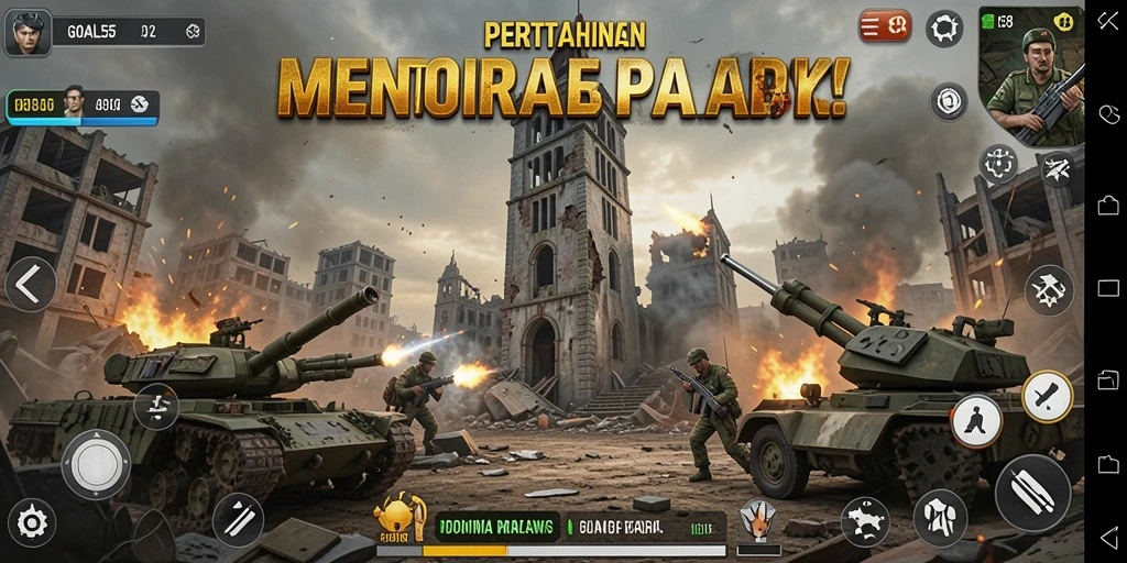 Screenshot dari gameplay GOAL55 menampilkan aksi Tower Defense yang seru.