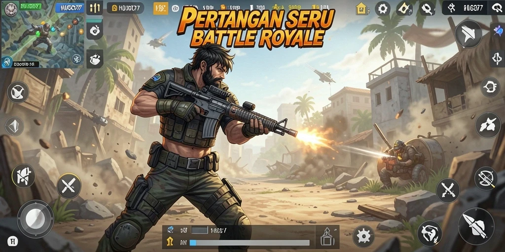 Screenshot utama HUGO77 menampilkan pertarungan intens di medan perang Battle Royale.