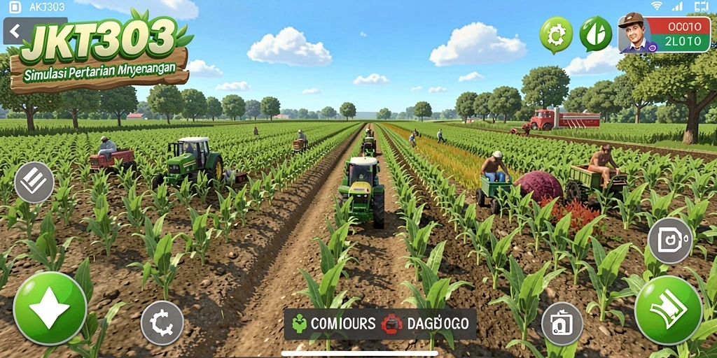 Tampilan gameplay yang menakjubkan dalam JKT303 dengan kebun yang subur.