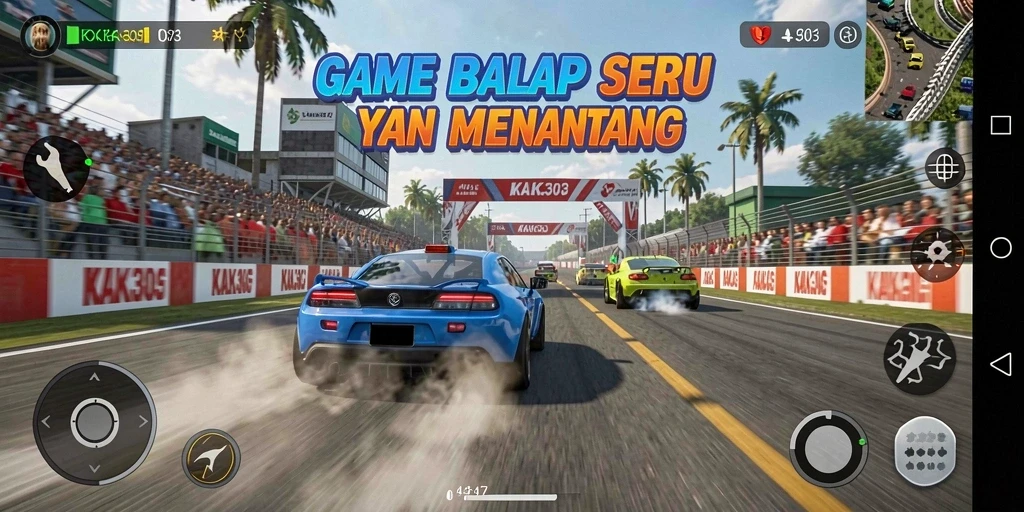 Tampilan gameplay utama KAKA303 yang menampilkan aksi balapan yang mendebarkan.