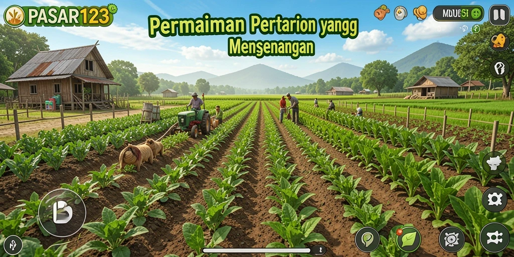 Screenshot utama PASAR123 menampilkan proses bertani yang seru.