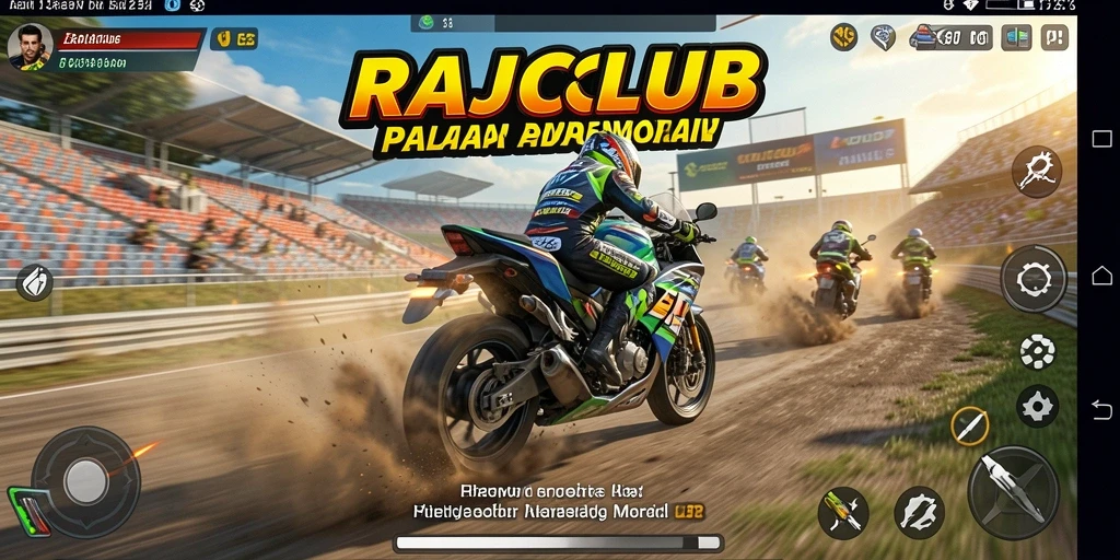 Tampilan gameplay seru di RAJACLUB dengan balapan motor yang mendebarkan.
