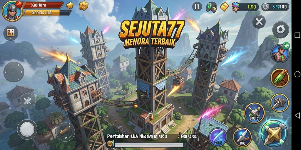 Screenshot dari gameplay SEJUTA77 yang menampilkan menara pertahanan strategis.