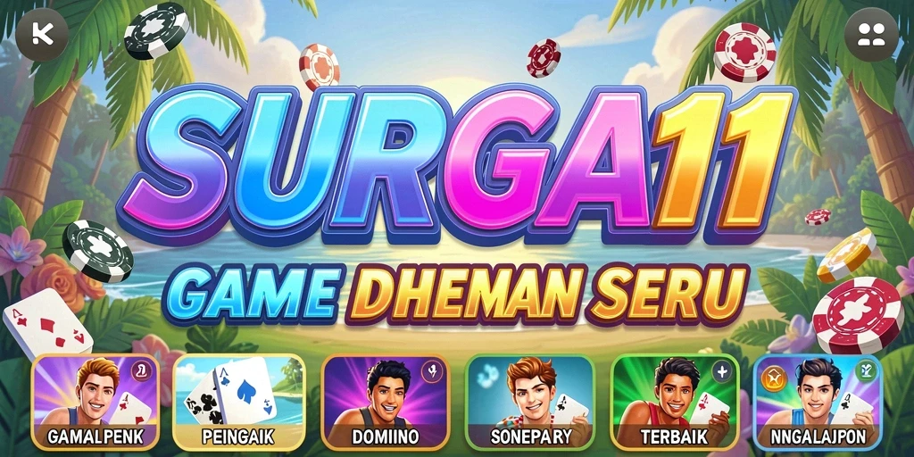 Tampilan utama gameplay SURGA11 dengan kartu dan pemain yang bersaing.